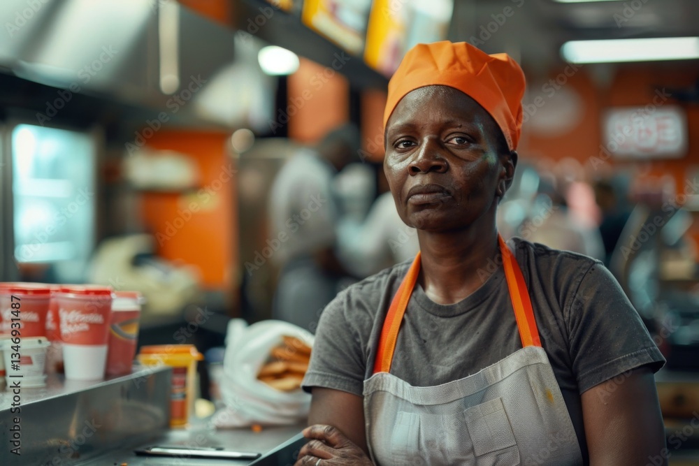 Portrait of a middle aged African American female fast food worker Portrait of a middle aged African American female fast food worker