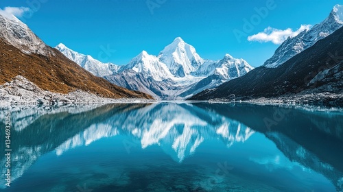 Wallpaper Mural Majestic Peaks Reflect: Towering snow-capped mountains are reflected in a serene turquoise lake. Capture the grandeur of nature. Torontodigital.ca
