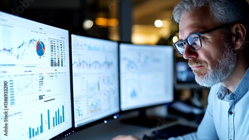 Analyst reviewing data at night