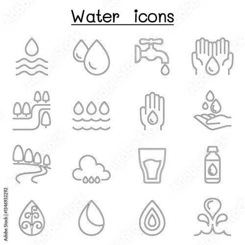 Water icon set in thin line style