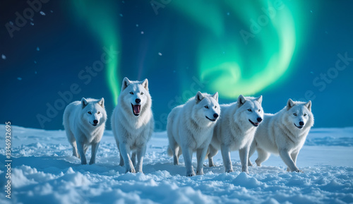 Arctic landscape - view of a pack of Arctic wolves in snowy tundra under the northern auroras. Created using generative AI tools