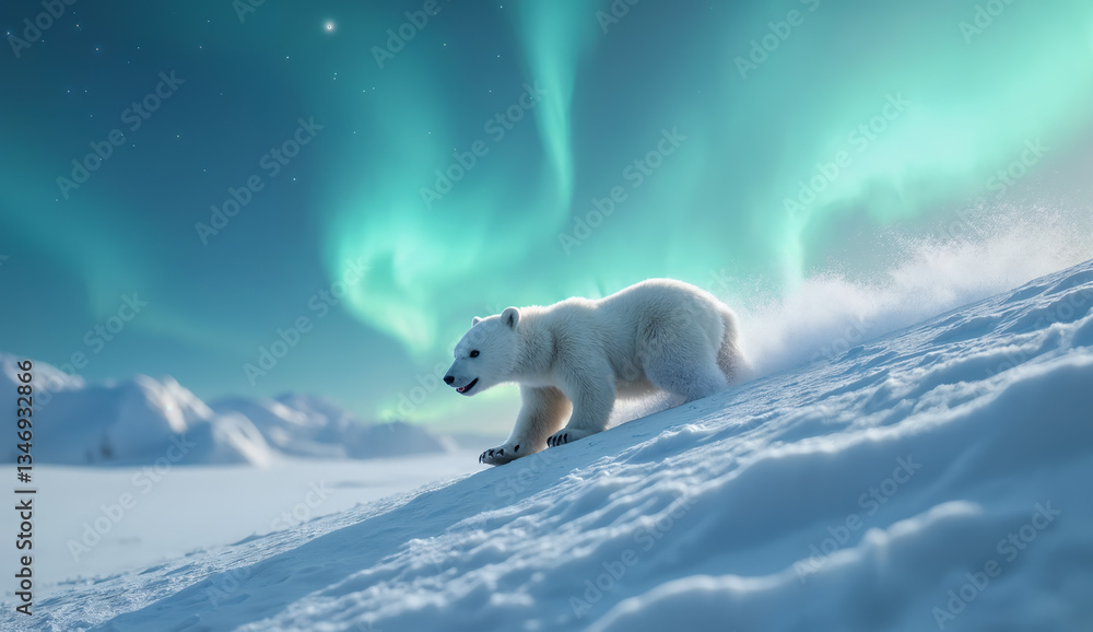 Arctic landscape - view of little polar bear cub sliding playfully down a snowy slope under the northern auroras. Created using generative AI tools
