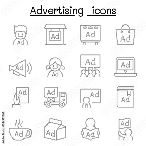 Advertising icon set in thin line style