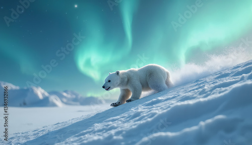 Obraz na płótnie Arctic landscape - view of little polar bear cub sliding playfully down a snowy slope under the northern auroras. Created using generative AI tools w salonie