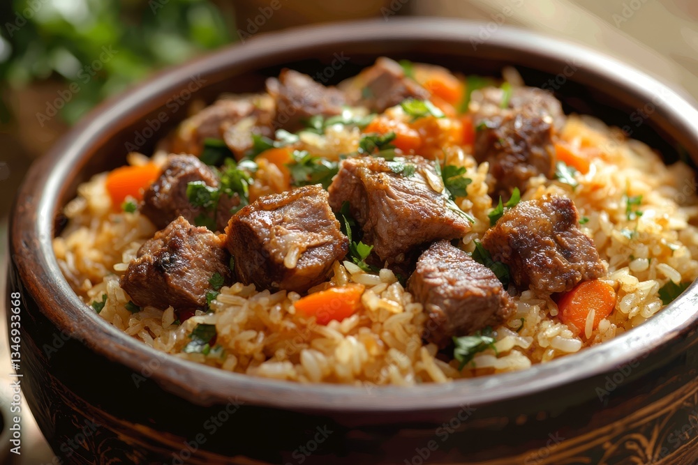 Delicious rice dish with tender meat and colorful vegetables served in a traditional bowl Delicious rice dish with tender meat and colorful vegetables served in a traditional bowl