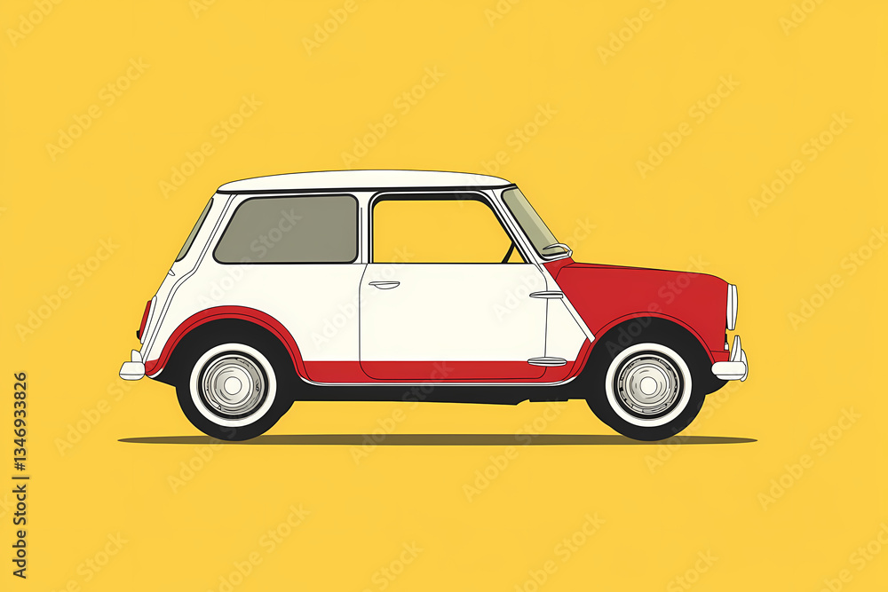 Fototapeta premium Classic Car on Yellow: A charming classic automobile, resplendent in red and white hues, is seen from a side angle, evoking a sense of retro style.