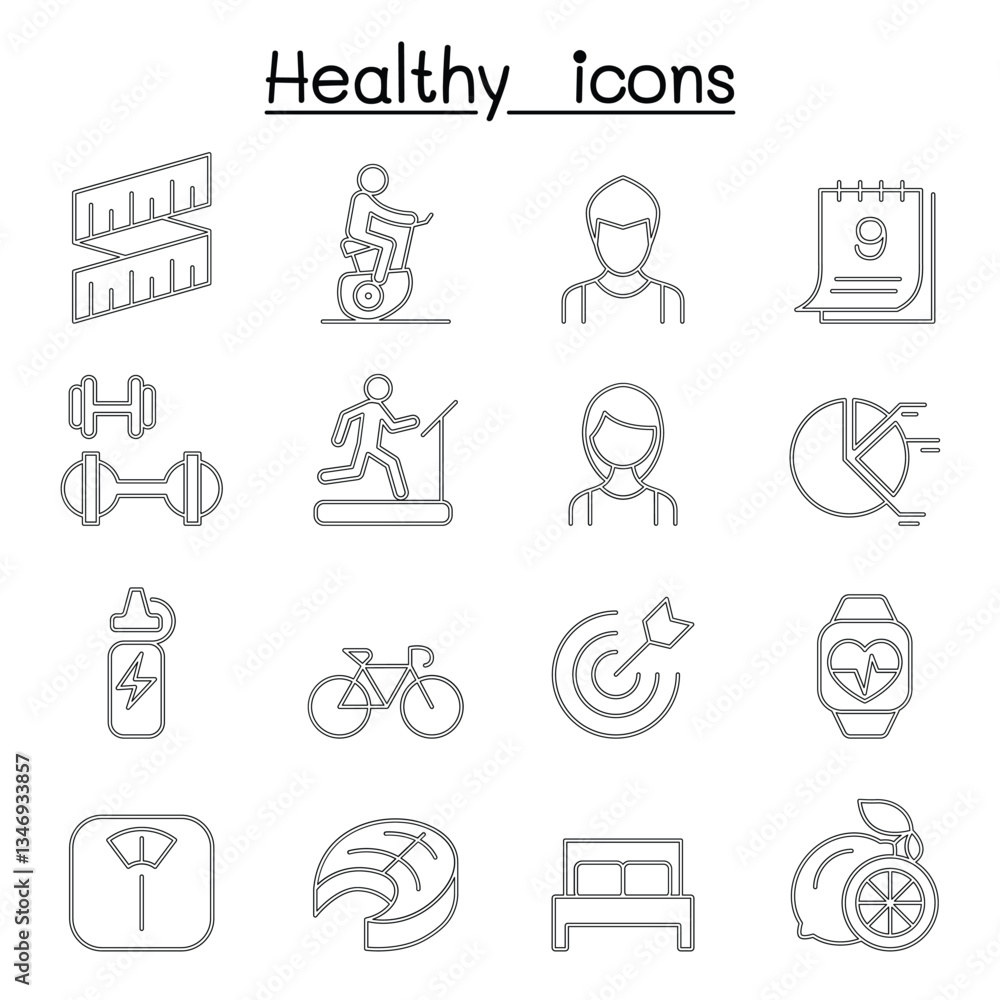 Healthy & Exercise icon set in thin line style Healthy & Exercise icon set in thin line style