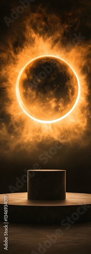 A podium standing in the heart of an active solar eclipse, with dramatic contrasts.