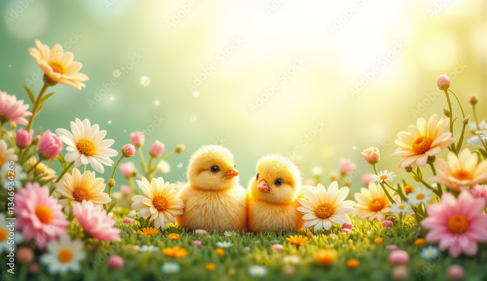 Natural scene - close-up view of two small little chicks in grass surrounded by wildflowers. Created using generative AI tools