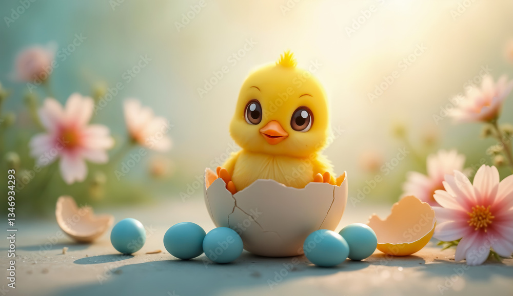Easter scene - close-up view of a cute tiny baby chick just hatched from an egg surrounded by flowers and decorative easter eggs. Created using generative AI tools