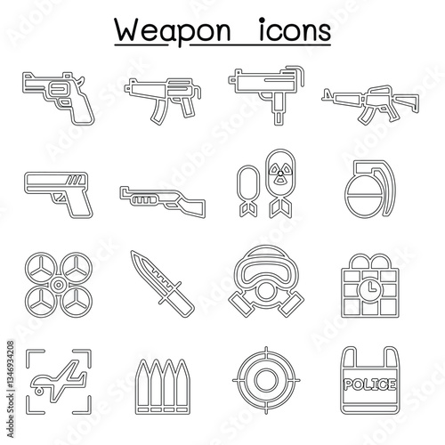 Gun & Weapon icon set in thin line style