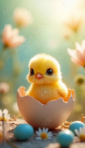 Obraz na płótnie Easter scene - close-up view of a cute tiny baby chick just hatched from an egg surrounded by flowers and decorative easter eggs. Created using generative AI tools w salonie
