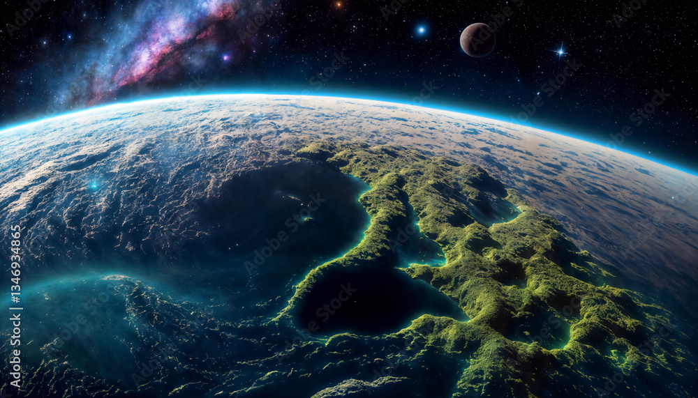 Abstract space landscape - view of the surface and atmosphere of of an unknown exoplanet with the surrounding space. Created using generative AI tools