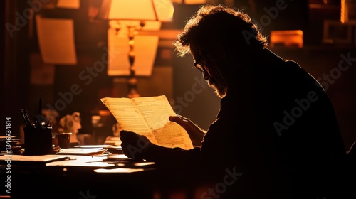 A journalist secretly reading a classified document in a dimly lit room.
