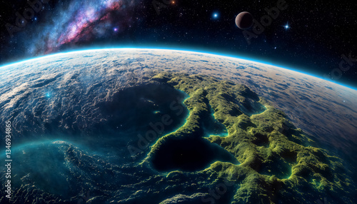 Obraz na płótnie Abstract space landscape - view of the surface and atmosphere of of an unknown exoplanet with the surrounding space. Created using generative AI tools w salonie