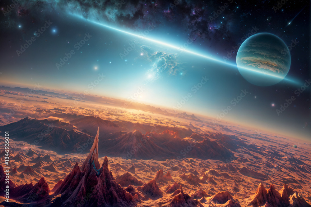 Abstract space landscape - view of the surface and atmosphere of of an unknown exoplanet with the surrounding space. Created using generative AI tools