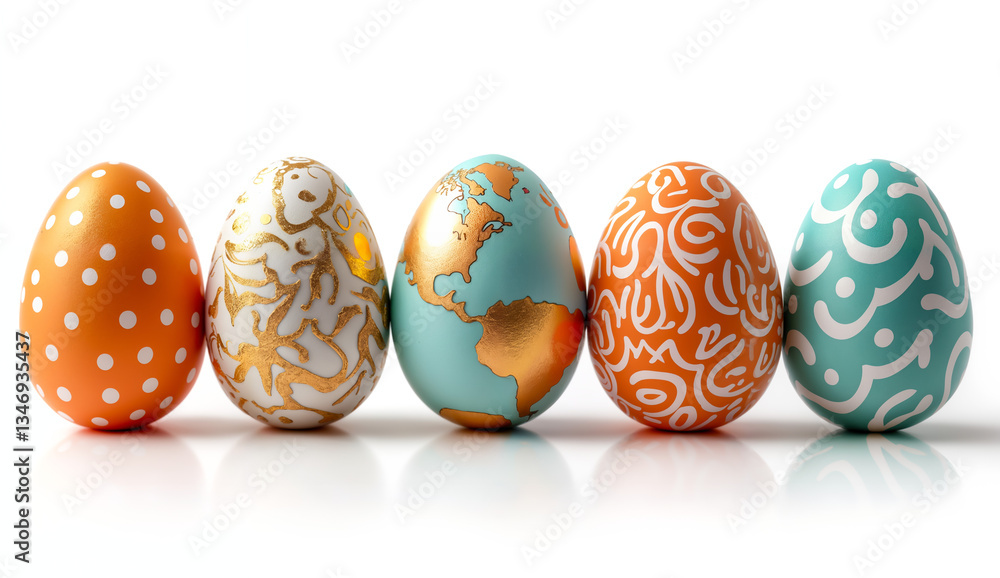 Easter still life - view of a set of colorful Easter eggs with foil wrapping on white background. Created using generative AI tools