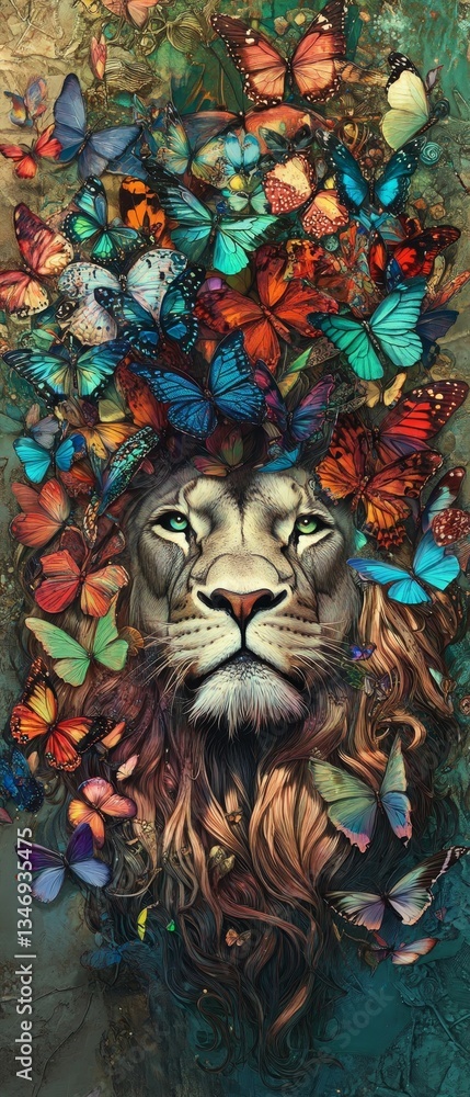Obraz premium Lion portrait surrounded by vibrant colorful butterflies.