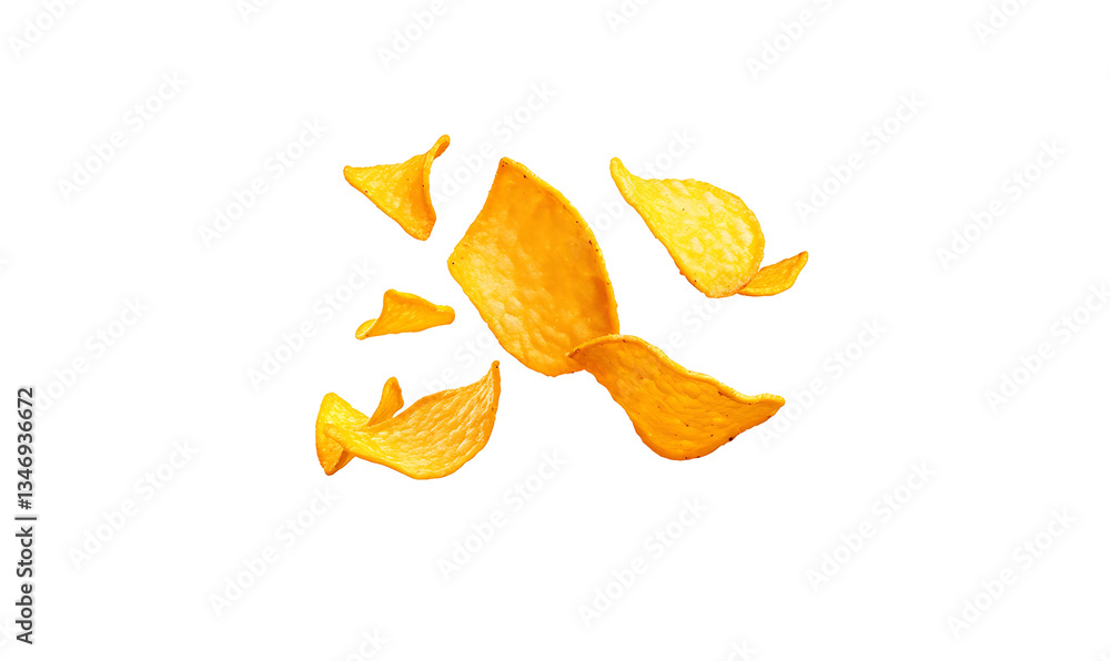 Golden tortilla chips dancing in the air, a vibrant snapshot of crunchy delight against a pure white background. Golden tortilla chips dancing in the air, a vibrant snapshot of crunchy delight against a pure white background.