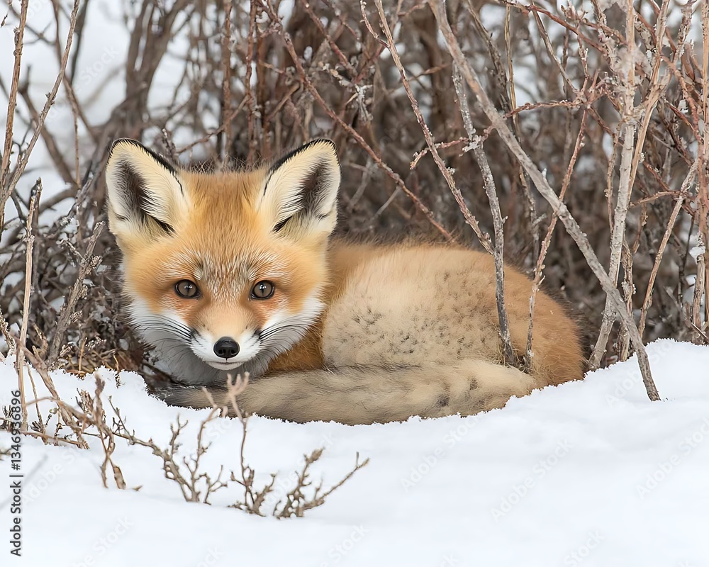 Fox resting in snow, looking at camera, natural background Fox resting in snow, looking at camera, natural background