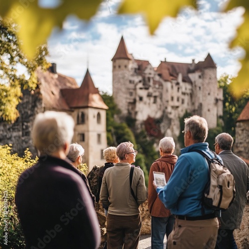Tourists admire a historical castle while exploring the countryside on a sunny autumn day