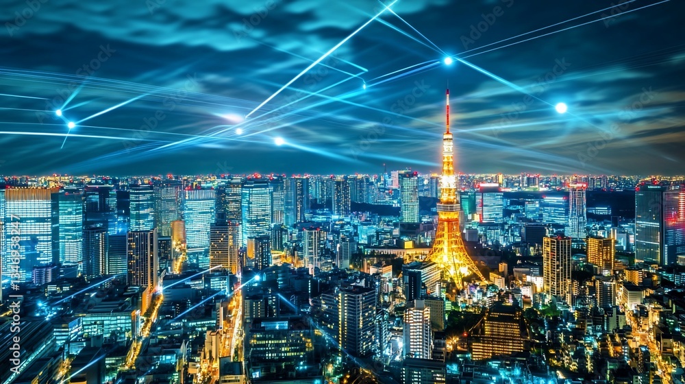 Naklejka premium Futuristic cityscape with network connections over urban infrastructure
