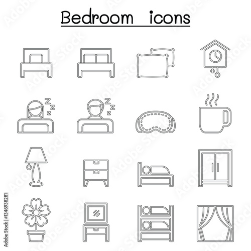 Bedroom icon set in thin line style