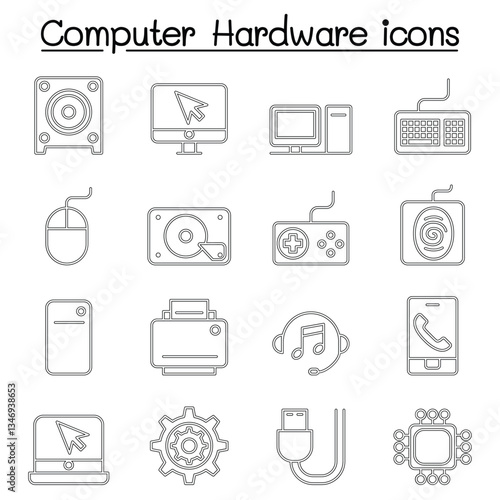 Computer Hardware icon set in thin line style