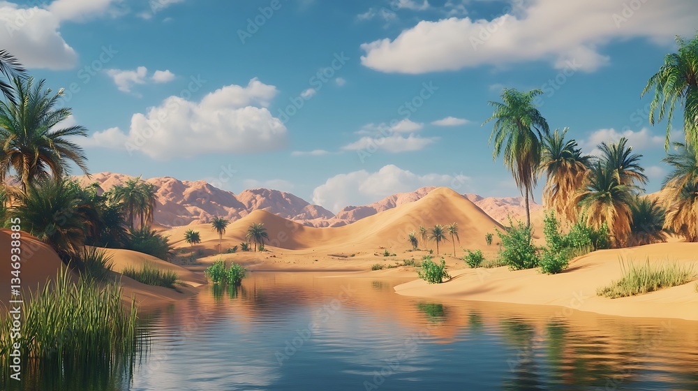 Obraz premium Beautiful oasis landscape with clear water and bright green vegetation high resolution wallpaper