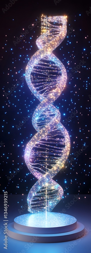 A podium shaped like interlocking DNA strands, glowing with technological innovation.