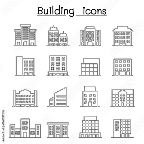 Building icon set in thin line style