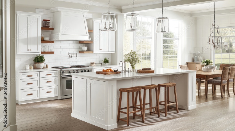 Fototapeta premium Elegant White Kitchen Design with Island and Dining Area