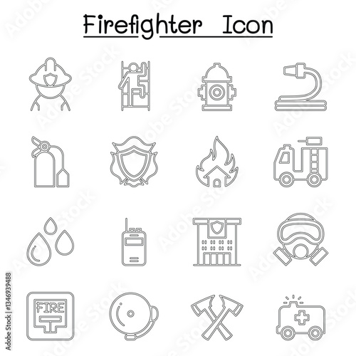 Fireman, Fire Fighter, Fire Station icon set in thin line