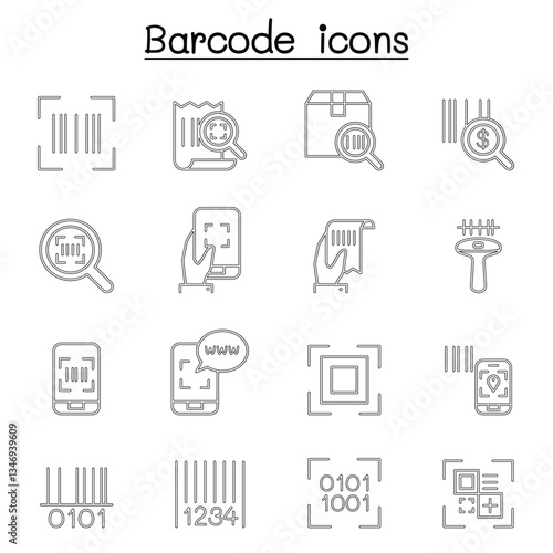 QR Code , Scanner, Package Code & Barcode Reader icon set in thin line style