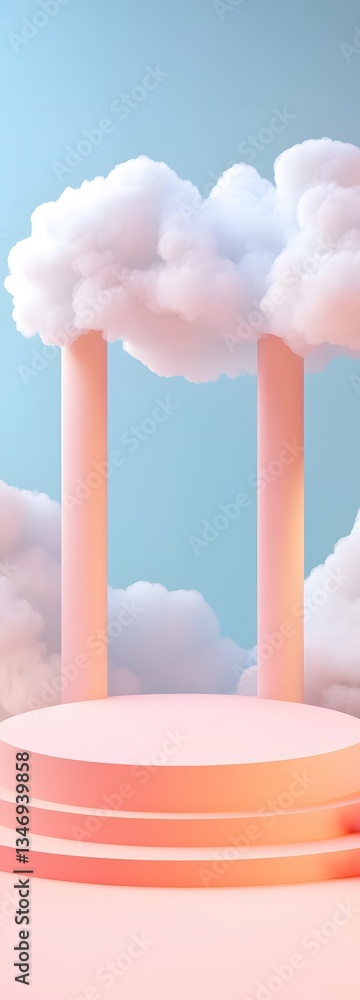 A podium floating in soft pastel-colored clouds, radiating a dreamy atmosphere.