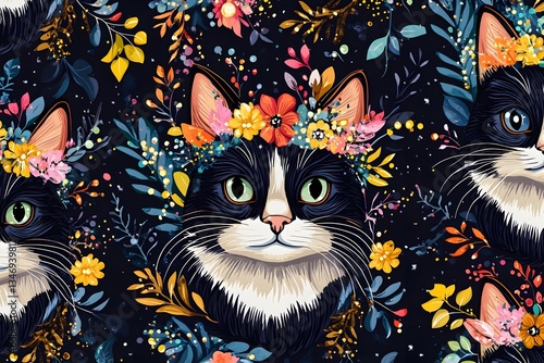 Whimsical Cat Pattern with Floral Accents and Vibrant Colors on a Dark Background