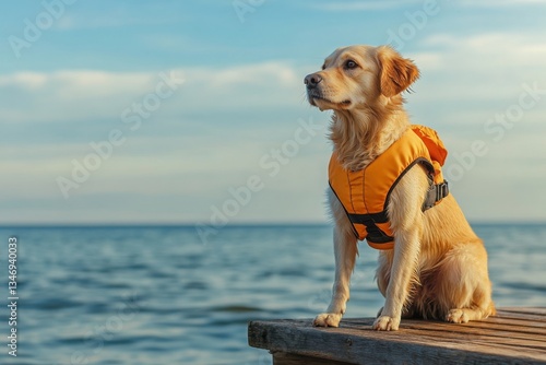 Golden retriever dog wearing an orange life jacket sitting on a wooden pier by the sea with blue sky and water in the background