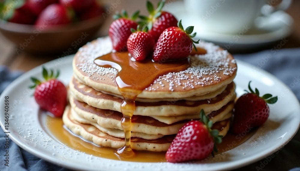 Stack of fluffy pancakes with strawberries and syrup on a wooden table Stack of fluffy pancakes with strawberries and syrup on a wooden table