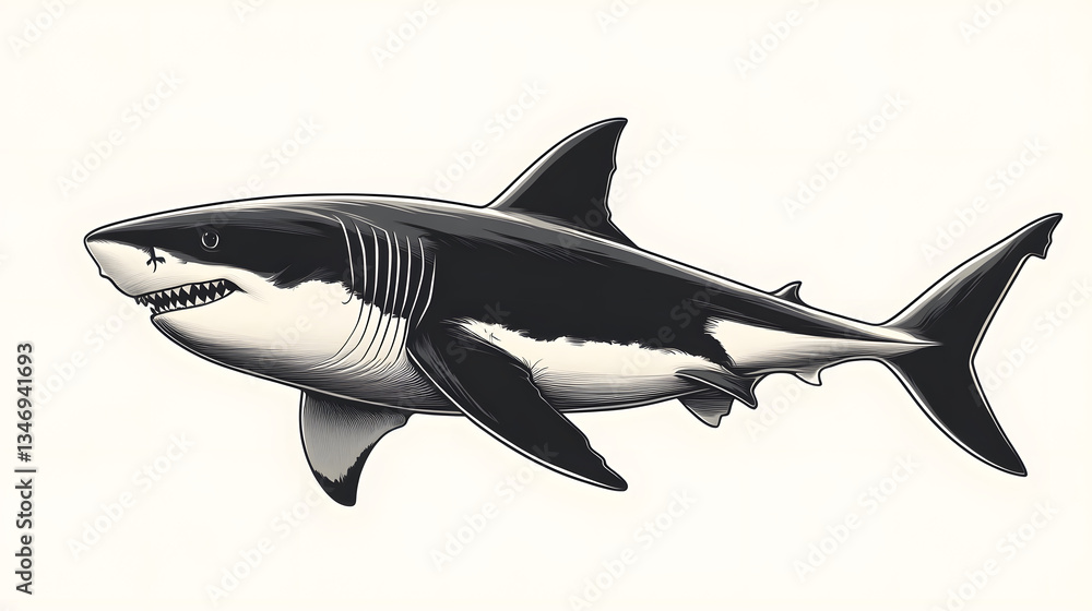 Fototapeta premium A stylized illustration of a shark, showcasing its streamlined body and sharp teeth, emphasizing its predatory nature