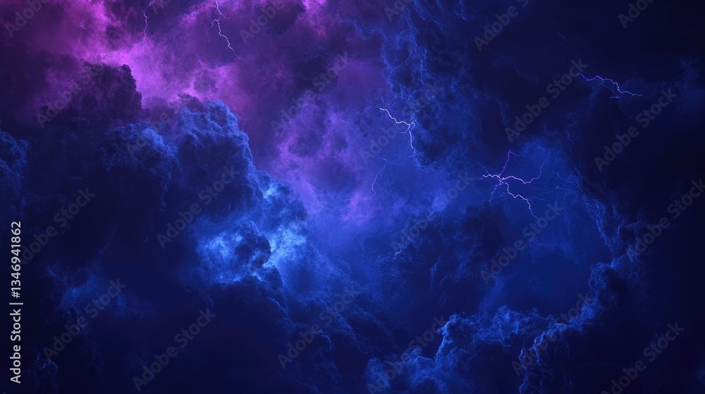 Dramatic storm clouds illuminated by purple and blue lightning, creating a vibrant, moody atmosphere Dramatic storm clouds illuminated by purple and blue lightning, creating a vibrant, moody atmosphere