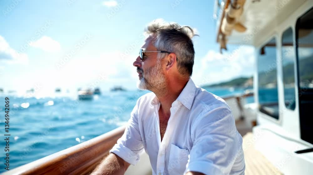 Smiling Man Enjoying Yacht Ride on Sunny Day Smiling Man Enjoying Yacht Ride on Sunny Day