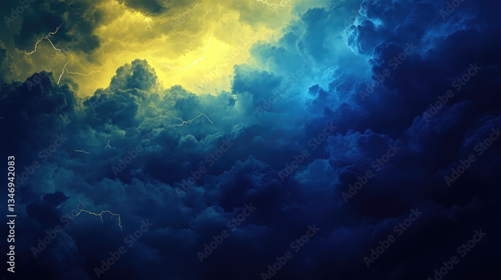Dramatic storm clouds illuminated by yellow light, creating a striking contrast against deep blue sky backdrop Dramatic storm clouds illuminated by yellow light, creating a striking contrast against deep blue sky backdrop