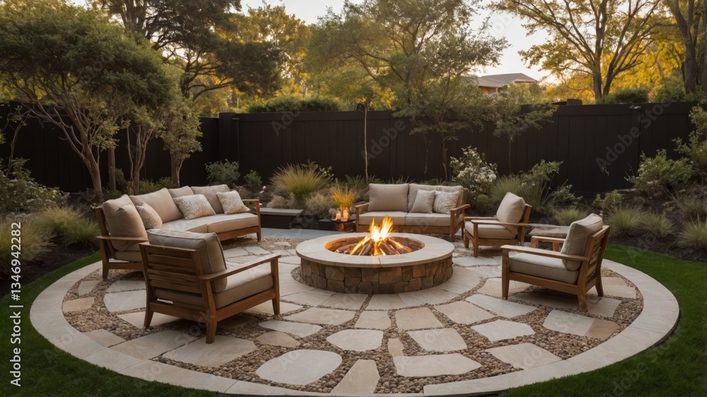 Fototapeta premium A cozy outdoor living space featuring a fire pit and seating