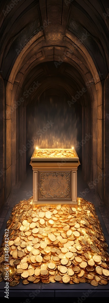 A podium placed inside a hidden treasure vault, glowing with gold and jewels.