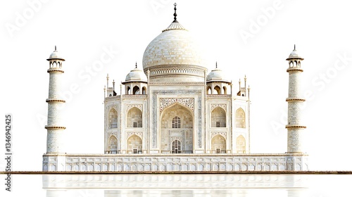 Majestic Taj Mahal on White Background with Reflection Effects