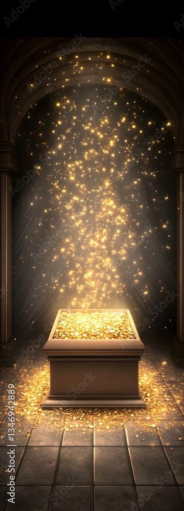 A podium placed inside a hidden treasure vault, glowing with gold and jewels.