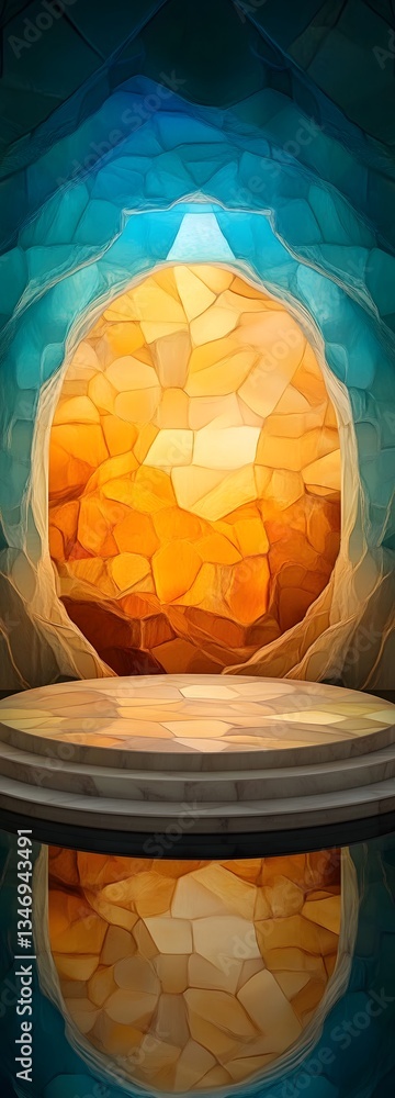 A podium set inside a radiant crystal cavern, reflecting vibrant hues.