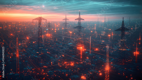Electric City: A mesmerizing landscape of a modern cityscape. Electric poles and infrastructure glows under a dramatic sunset, creating a sense of energy and industry.