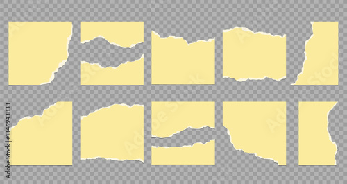 A collection of torn paper strips and ripped sheets with rough edges. Vector illustration of torn paper elements for banners, posters, and digital projects.