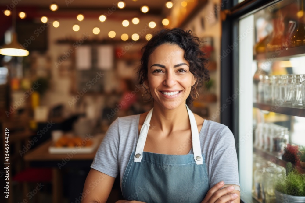 Portrait of confident smiling middle age Hispanic female owner standing at entrance of deli Portrait of confident smiling middle age Hispanic female owner standing at entrance of deli